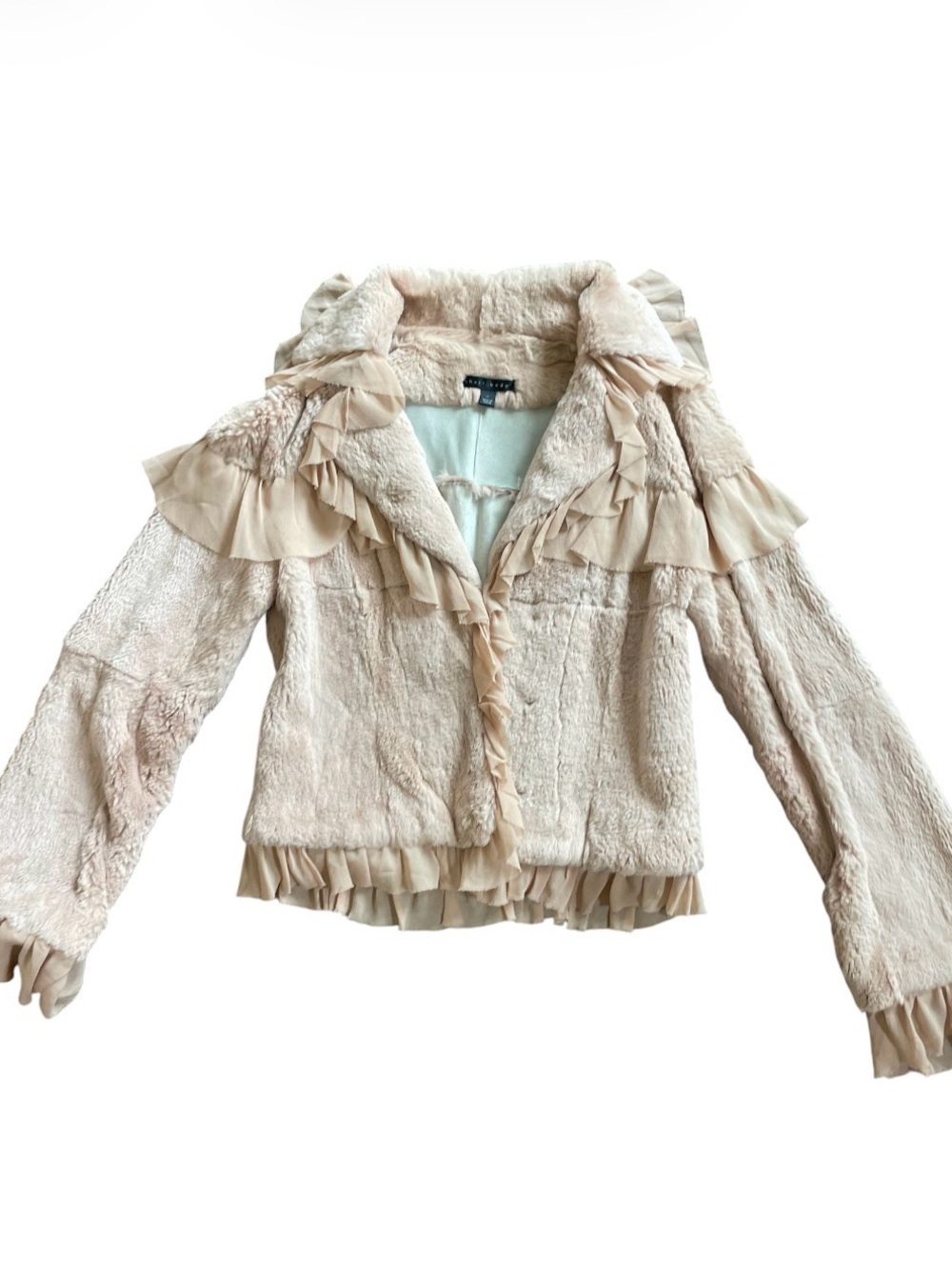 Rare Vintage Sheri Bodell Cream Fur Ruffle Jacket with Silk Ruffles
